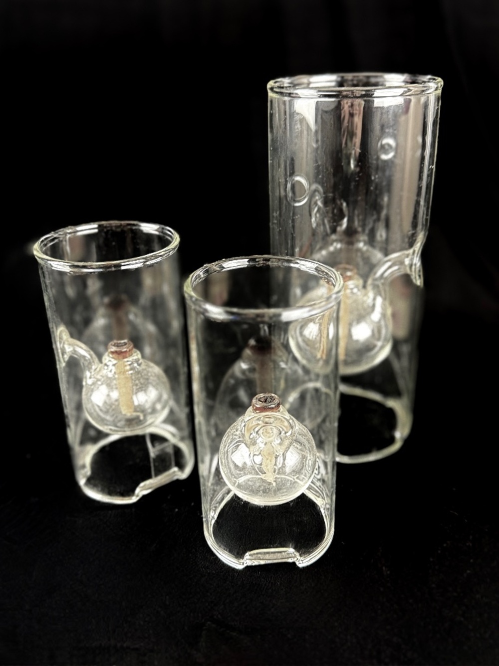 3 Wolfard Clear Glassblowing Hand Blown Classic Chamber Glass Oil Lamps 9 & 6 in